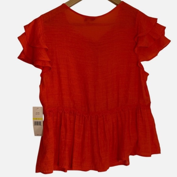 NWT Boho Ruffle Flutter Sleeve Peplum Top Lace Crochet Bib Tie Neck Gauzy Top - Picture 5 of 6